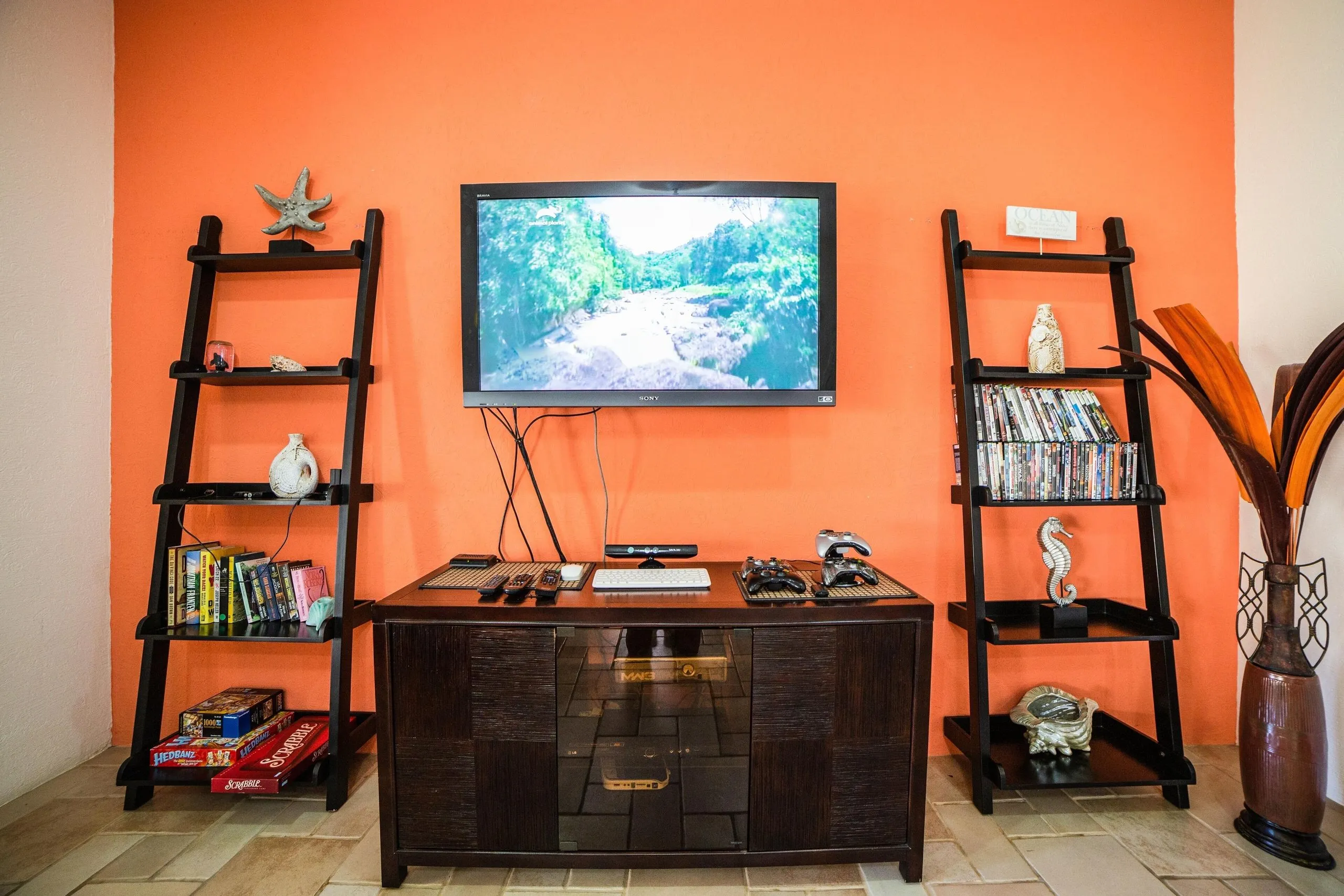 Wall-mounted television above a wooden coffee table, flanked by bookshelves of books and games